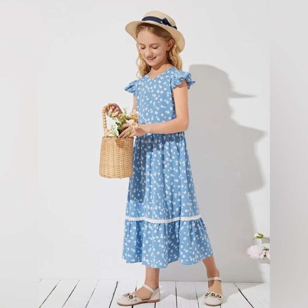 NWOT Girls Ruffle Trim Schiffy Detail Floral Dress SHE - Picture 4 of 4